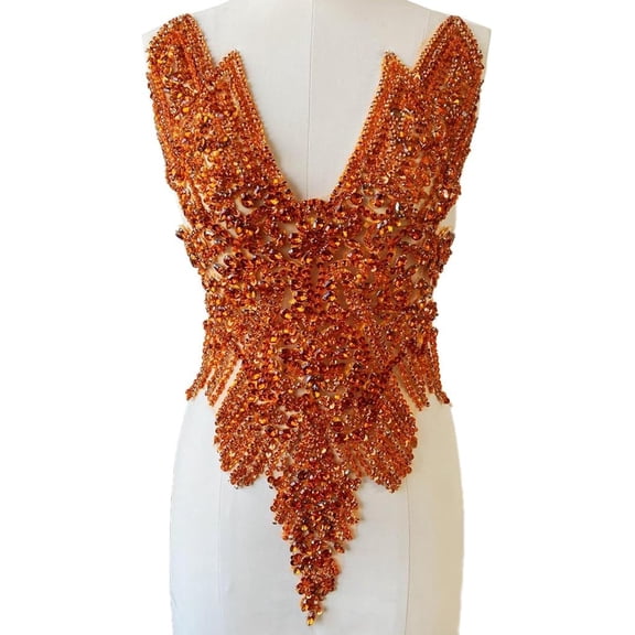 Handmade Rhinestone Applique: 3D Rhinestone Fabric Patches - Dress Appliques Beaded Embroidered Trim, Bodice Applique for Sewing Clothes Wedding Bridal Dress Decorative, 24.4x14.17inch (Orange)