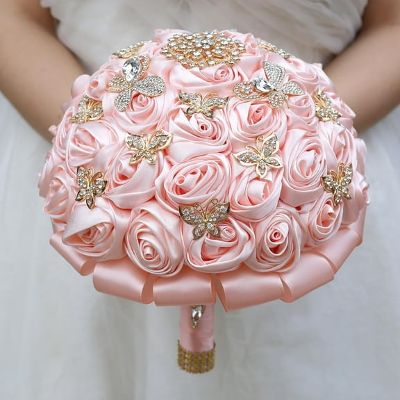 Handmade Rhinestone Brooch Satin Bridal Bouquet, 7.5 Inches Crystal Wedding Round Tossing Bouquet, Artificial Flower Bunch with Diamond  Ribbon (07#Pink)