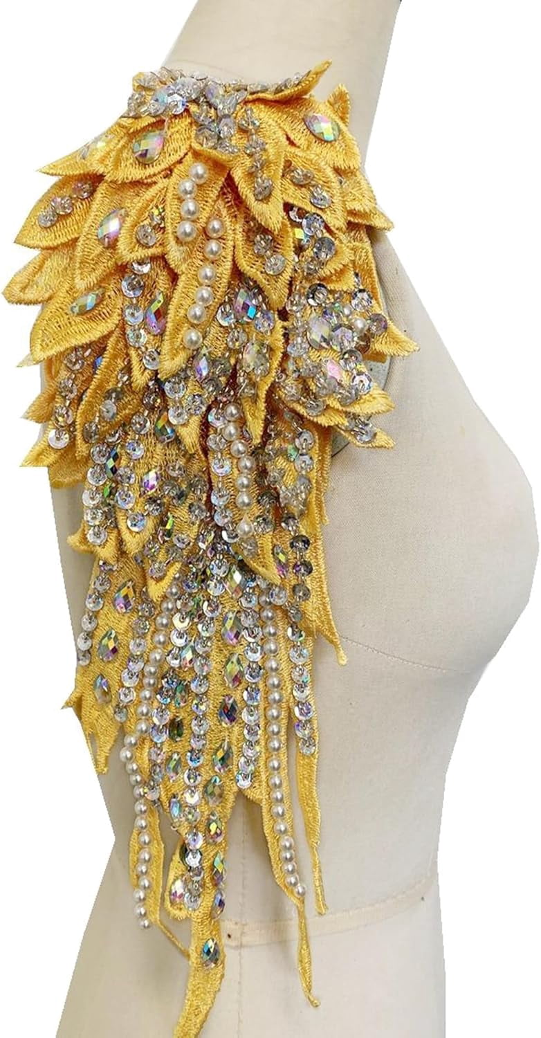 Handmade Rhinestone Pearl Applique: Angel Wing Shape Patches - Lace Applique Beaded Embroidered Trim Patches for Dress Clothes DIY Decoration (Yellow)