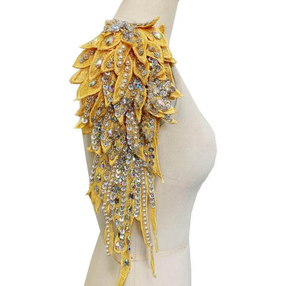 Handmade Rhinestone Pearl Applique: Angel Wing Shape Patches - Lace Applique Beaded Embroidered Trim Patches for Dress Clothes DIY Decoration (Yellow)