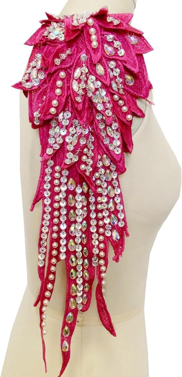 Handmade Rhinestone Pearl Applique: Angel Wing Shape Patches - Lace Applique Beaded Embroidered Trim Patches for Dress Clothes DIY Decoration (Red)
