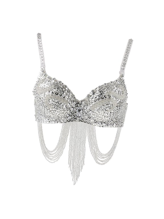 Handmade Rhinestone Sequin Crop Top with Tassel Chains, Sparkly Stage Performance Bra Top, Glitter Clubwear & Belly Dance Costume Top for Party & Night Events