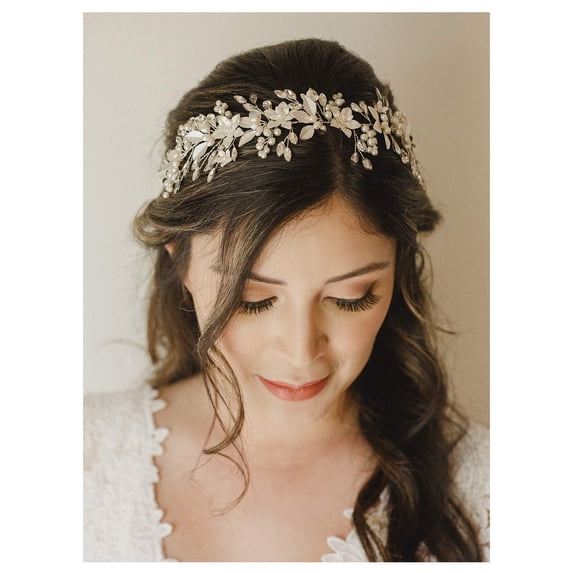 Handmade Rhinestone Wedding Headband Flower-Leaf Bridal Headpieces for Wedding Pearl Hair Accessories (Silver)C