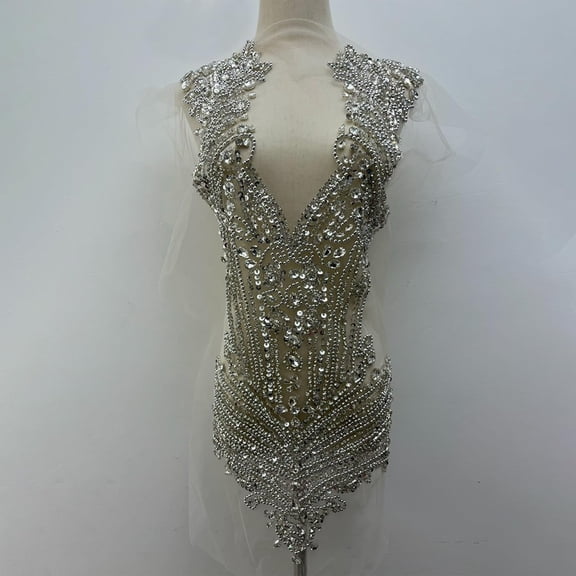 Handmade Rhinestones Applique Trim: Sparkly Rhinestones Beaded Bodice Applique Patch for Evening Bridal Dance Prom Dresses, Rhinestones Applique on Net Sew on Beads Patches Accessory (Silver)