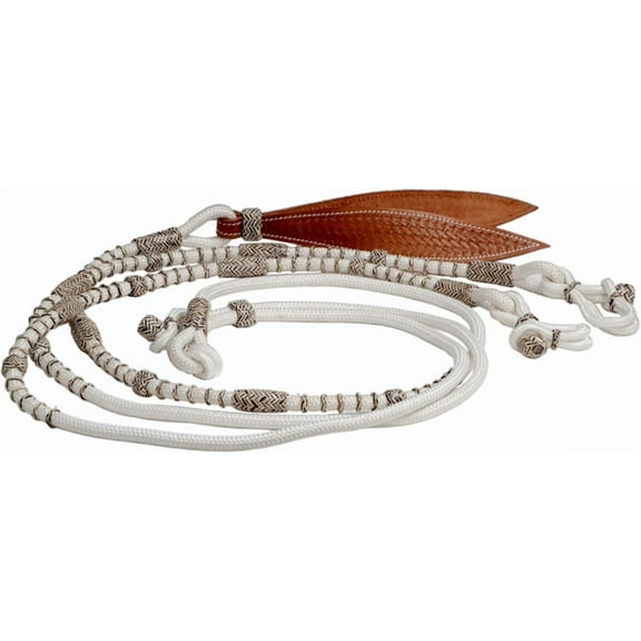 Handmade Romal Reins 8.5 Ft White Nylon with Brown Knots, Rawhide Leather Horse Tack, 52" Ranch Romel