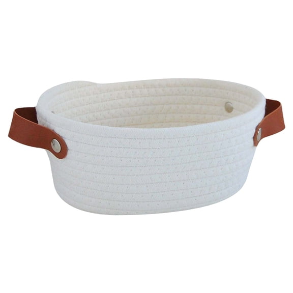Handmade Rope Storage Basket with Leather Handles - 9x12x5 Organizer Box, Decorative Woven Bin for Entryway, Living Room, Bedroom - Durable Household Container in White, Navy, Khaki, Gray, Brown
