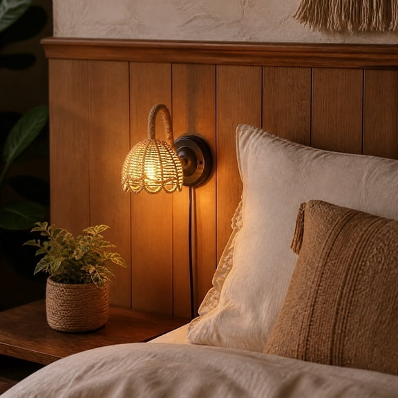 Handmade Rope Wall Lamp Indoor Plug-In Sconce for Bedroom Living Room Dining Room Bedside Lighting