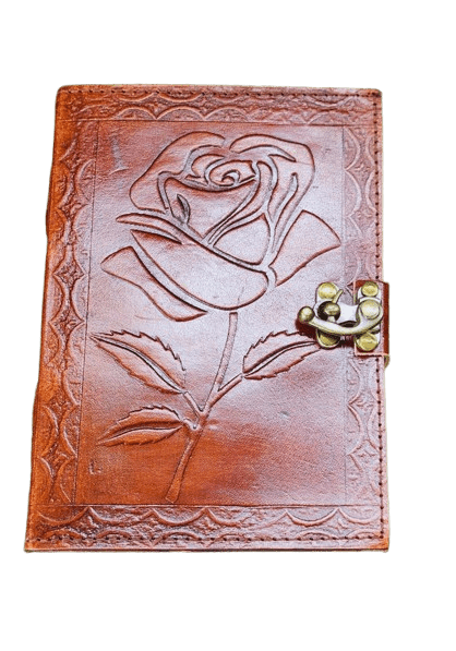 Handmade Rose Embossed Leather Journal 5x7 – 200 Pages – Vintage White Drawing Paper – Lock Closure – Artisan Gift Notebook