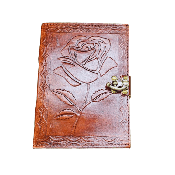 Handmade Rose Embossed Leather Journal 5x7 200 Pages Vintage White Drawing Paper Lock Closure Artisan Gift Notebook