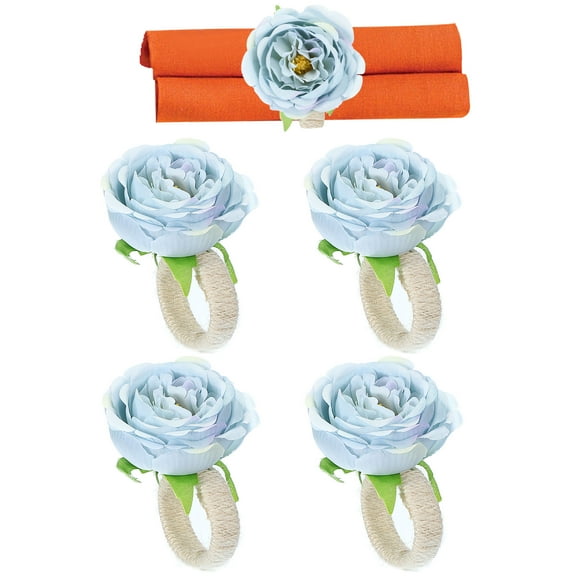 Handmade Rose Flower Napkin Rings, Handcraft Floral Napkin Holder, Light Blue 4 Pack