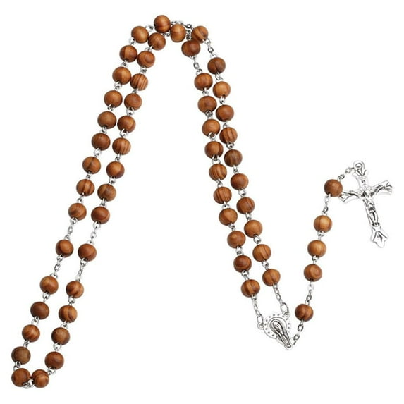 Handmade Round Bead Catholic Rosary Cross Religious Wood Beads Necklace Gift