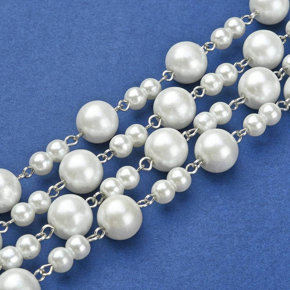 Handmade Round Glass Pearl Beads Chains for Necklaces Bracelets Making with Iron Eye Pin Unwelded White 39.3 inch