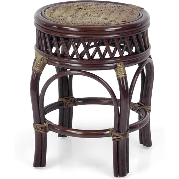 Handmade Round Stool Ginger Natural Rattan Wicker Fully Assembled Stand, Dark Brown