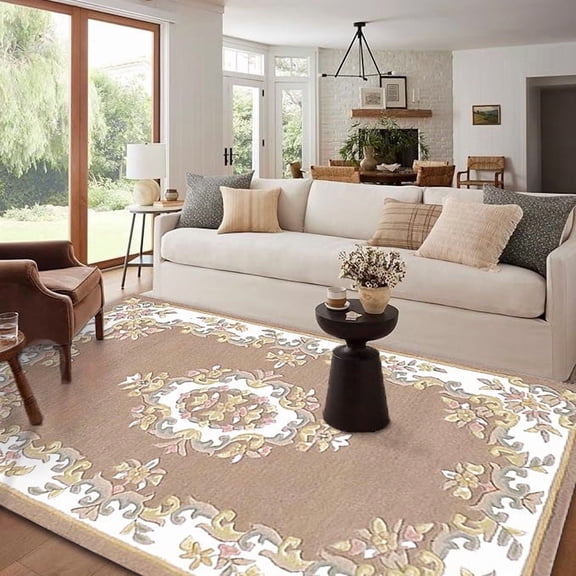 AVYAY RUGS Handmade Royal Aubusson Wool Area Rug, 4' x 6', Hand-Tufted Floral Indoor Carpet with Cotton Backing for Living Room, Bedroom and Dining Room, Beige