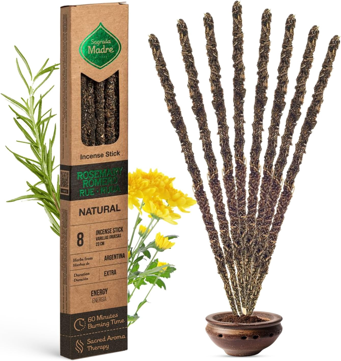 Handmade Rue, Rosemary Incense Sticks - 8 Frankincense Incenses (Each 9’’ Long) with Natural Ingredients for Spiritual Cleansing, Protection, & Balance - 1 Hour Burn Time