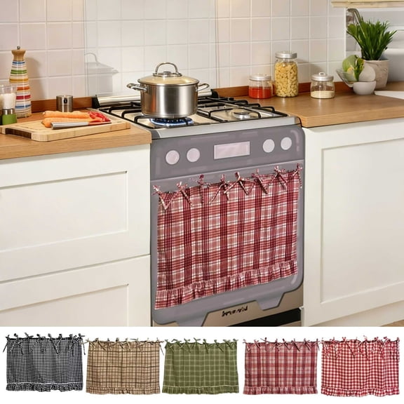 Handmade Ruffled Oven Skirt with Satin Ribbon Tabs, Rustic Farmhouse Kitchen Decor Piece, Decorative Cabinet Accent & Vintage-Style Kitchen Collection Accessory