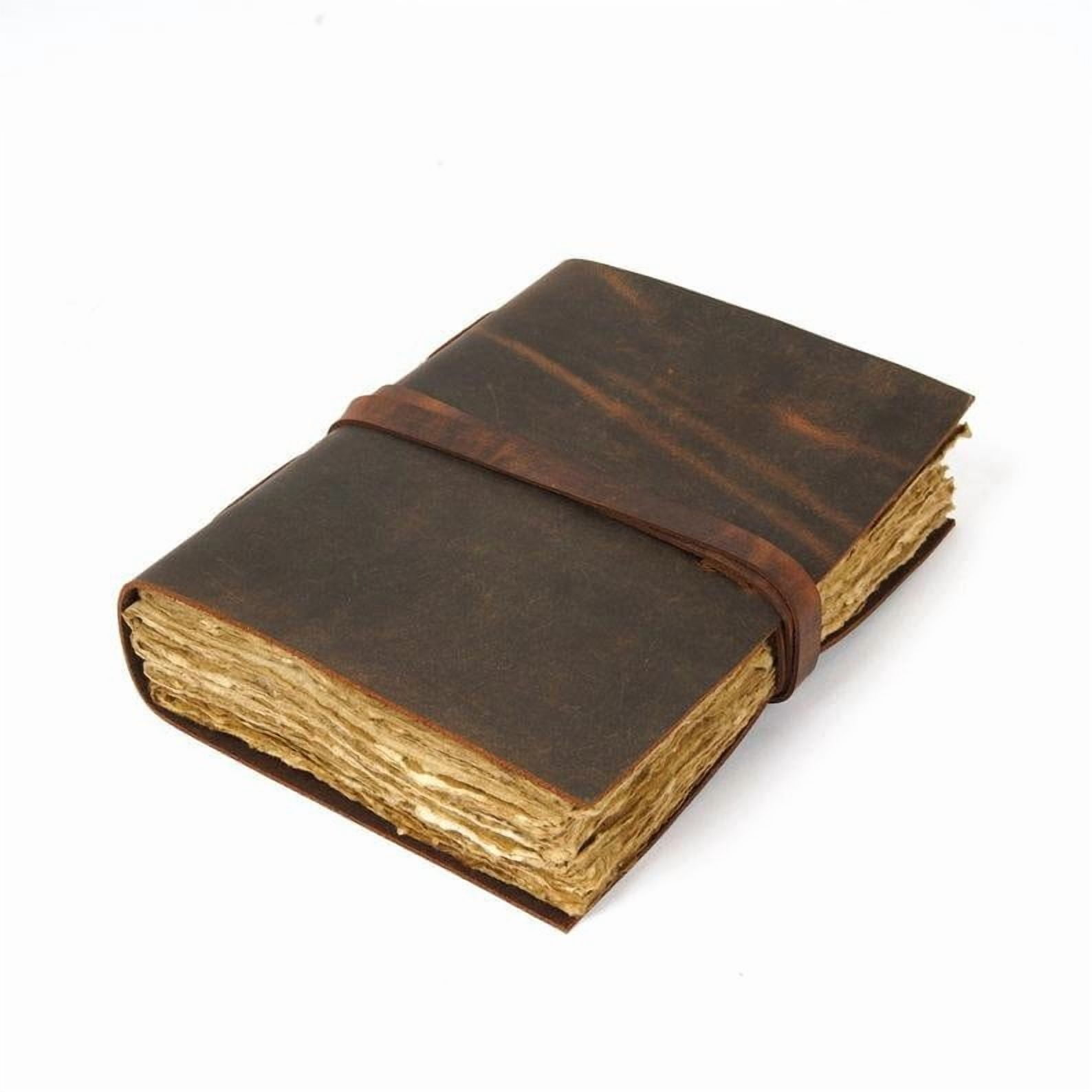 Handmade Rustic Leather Wrap Journal – 5x7 inch Vintage Notebook, 200 Handmade Deckle-Edge Pages, Brown Leather Travel Diary