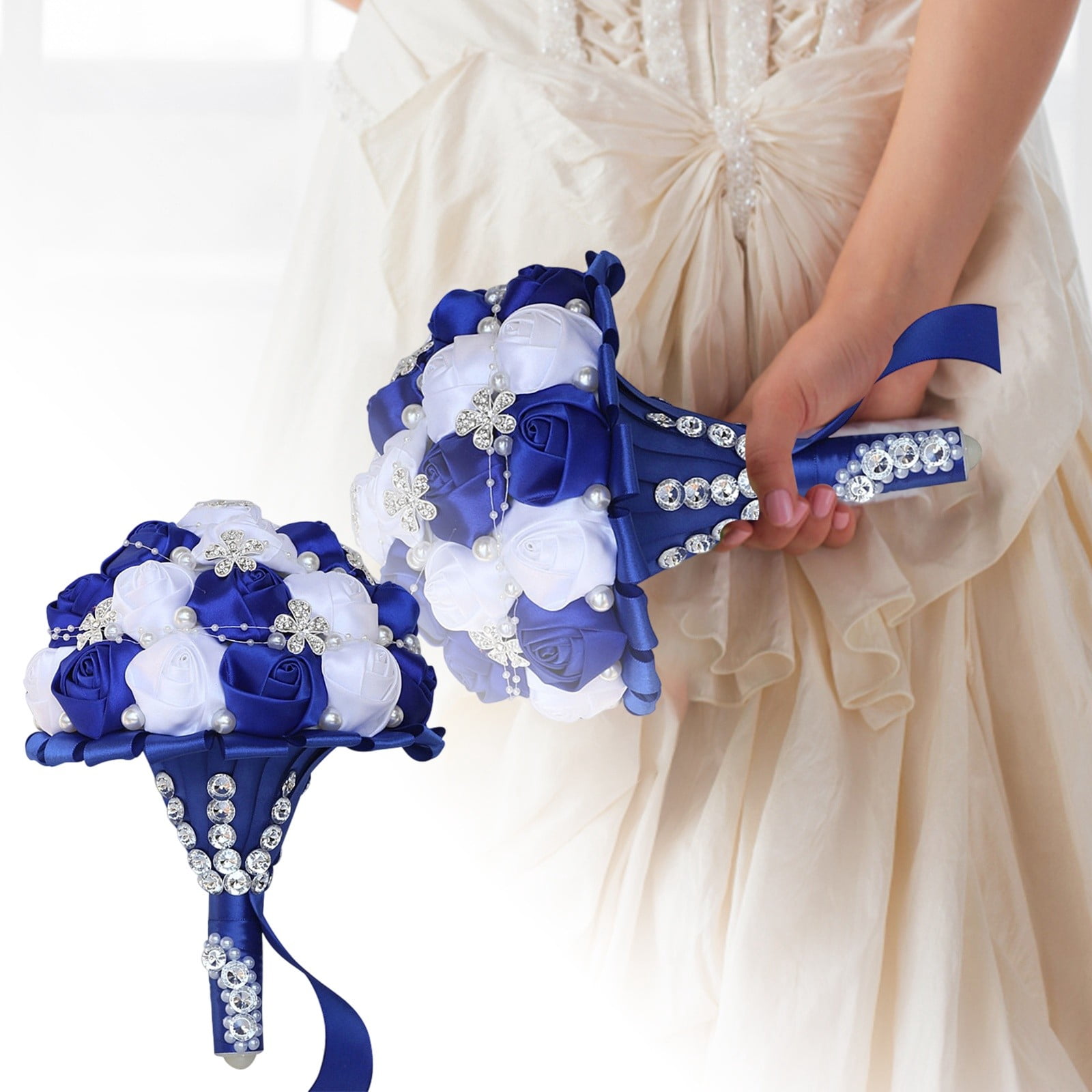 Handmade Satin Rose Bridal Bouquet with Rhinestones & Pearls - Elegant Bride Wedding Bouquet Holder, Bridesmaid Bouquets for Wedding Flower Arrangements, Ivory White Royal Bouquet