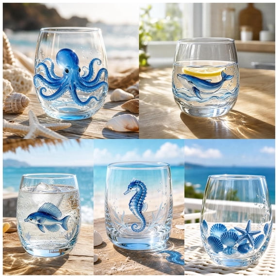 Handmade Sea Creature Glass Cups, Artisan-Crafted Sea Animal Drinking Glasses, Food-Safe Lead-Free Coastal Drinkware, Unique Nautical Tabletop Decor for Beach House Living Room Kitchen, Whale