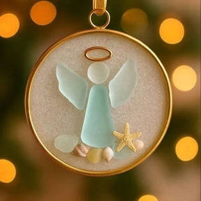 Handmade 2D Acrylic Sea Glass Angel Memorial Ornament - Round Religious Holiday Decor, 2D Acrylic Sea Glass & Shells Christmas Keepsake