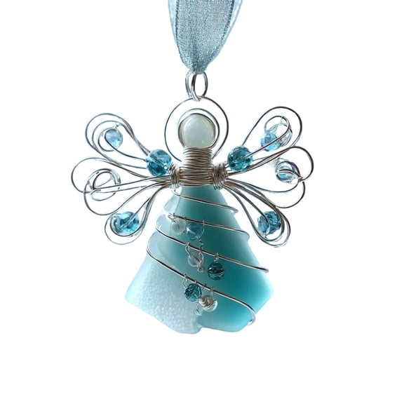 Handmade Sea Glass Angel Ornament, Blue Green Sea Glass Christmas Decor with Wire Wrapped Wings, Natural Beach Glass Pendant for Xmas Tree, Unique Gift for Valentine's Day, Coastal Home Decor
