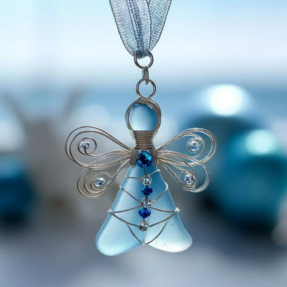 Handmade Sea Glass Angel Ornament, Charming Sea Glass Angel Christmas Ornaments Advent Calendar, Hand Silver Wire Wrapped Angel Christmas Decor with Rope, Xmas Holiday Home Decor Gift (Blue)