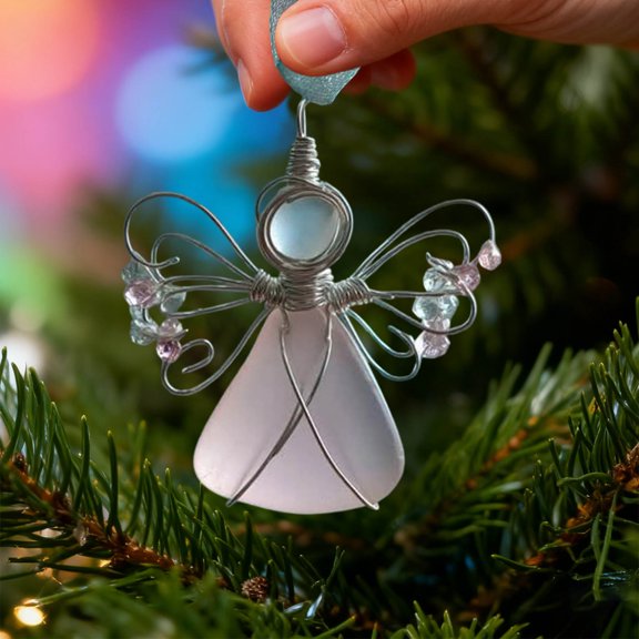 Handmade Sea Glass Angel Ornament for Christmas Tree - 2026 Coastal Beach Theme Holiday Decor, Unique Metal & Rope Hanging Pendant for Home, Wreath, Memorial Gift