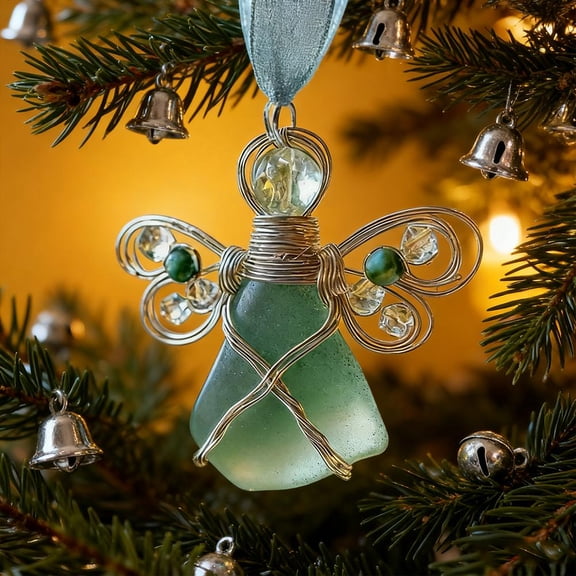 Handmade Sea Glass Angel Ornament,Handmade Silver Wire-Wrapped Angel Christmas Decoration,H-andmade Coastal Beach Christmas Decor for Tree,Xmas Holiday Home Decor Gift for Beach Lovers