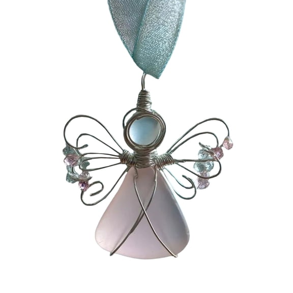 Handmade Sea Glass Angel Ornament, Pink Sea Glass Christmas Decor with Wire Wrapped Wings, Natural Beach Glass Pendant for Xmas Tree, Unique Gift for Valentine's Day, Coastal Home Decor