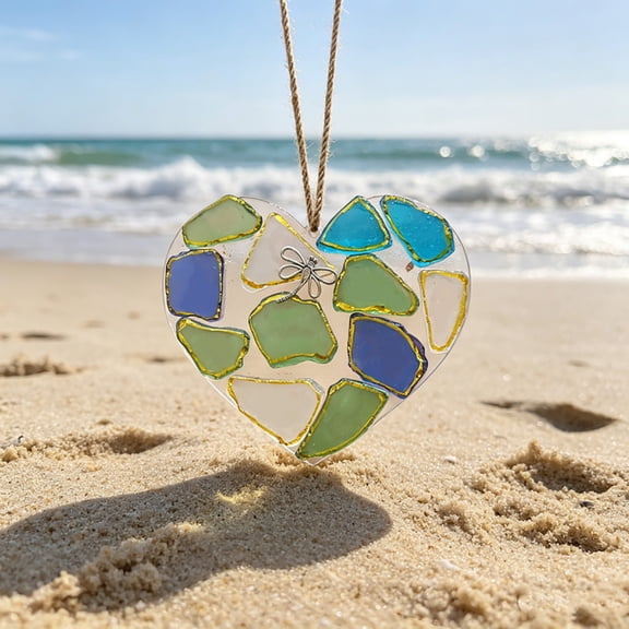 Handmade Sea Glass Heart Suncatcher — Beach-Inspired Window Wall Decor for Indoor & Outdoor Spaces, Unique Gift for Lovers and Nature Enthusiasts
