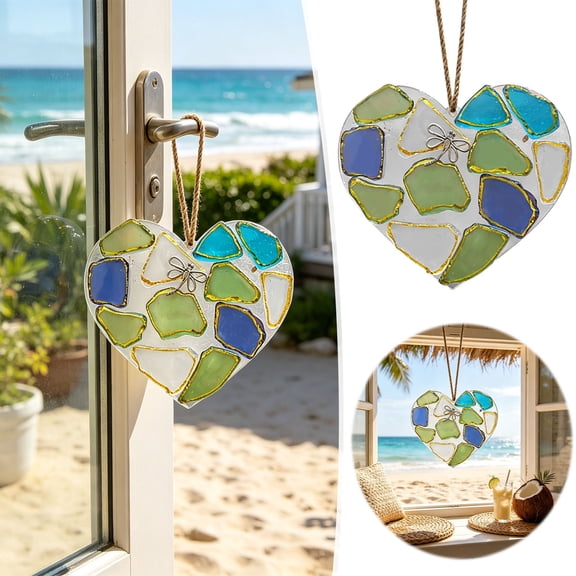 Handmade Sea Glass Heart Suncatcher Ornament - Heart Shaped Window Hanging Decor for Home, Beach Themed Room, Sunlight Catcher Art Gift