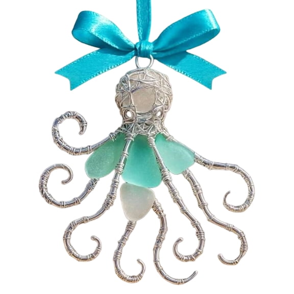 Handmade Sea Glass Ocean Ornament 2D Flat Acrylic Silver Wire Wrapped Coastal Animals Decorative Pendants for Home Tree Decor and Idea Gifts