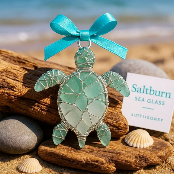 Handmade Sea Glass Sea Ornament, Coastal Christmas Tree Hanging Decor, Sea-Inspired Memorial Hanging Decoration, Unique Gift for Beach Lovers (Sea Turtle)