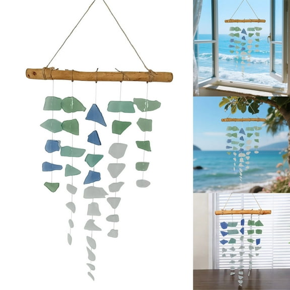 Handmade Sea Glass Windchime Outdoor Beach Gifts 17.7inch Long Hanging Mobile Wind Chime Garden with Driftwood and Polished Sea Glass for Home Decor