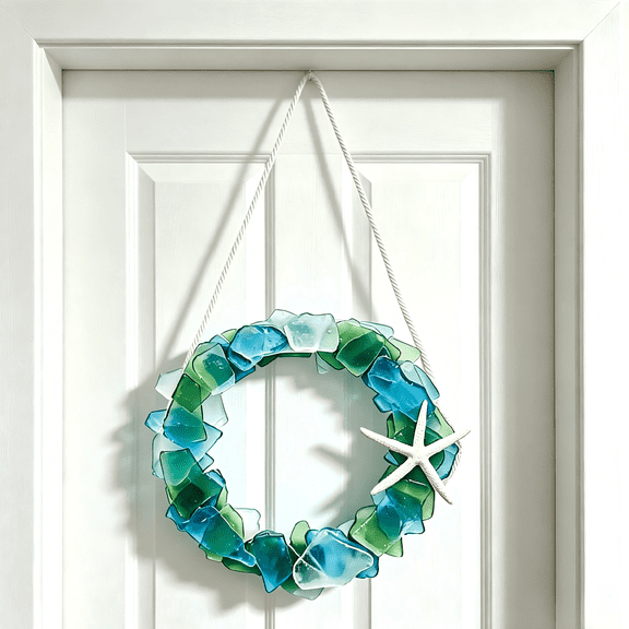 Handmade Sea Glass Wreath, Coastal Style Beach Flower Wreath for Front Door Wall, Seaside Inspired Home Decor