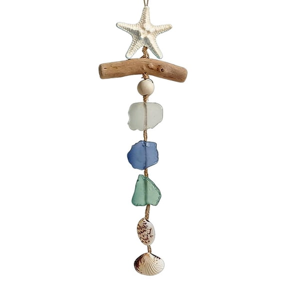 Handmade Sea Glass and Driftwood Starfish Decor, Coastal Hanging Ornament with Natural Shells for Window and Wall, Nautical Beach Theme Home Art