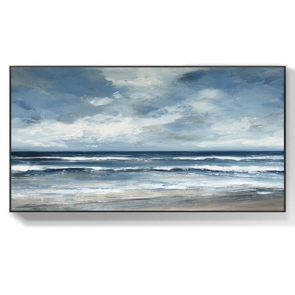 Handmade Seascape Oil Painting Blue White Wall Art Large Ocean Oil Painting on Canvas Acrylic Textured Wall Art Custom Living Room Home Decor,Unstretched,Frameless,(41*61cm)16*32Inches
