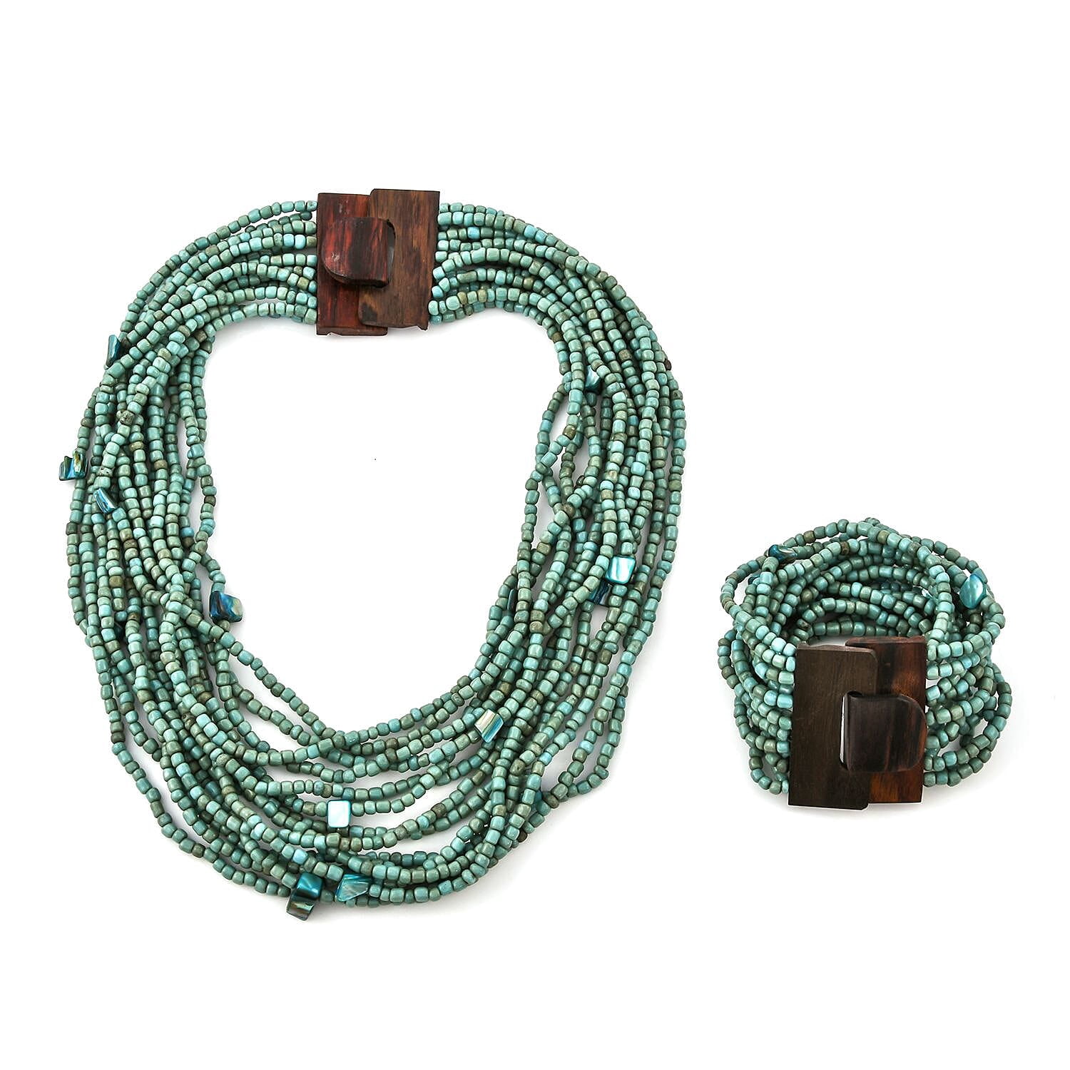 A green seed bead necklace and bracelet set with a wooden clasp