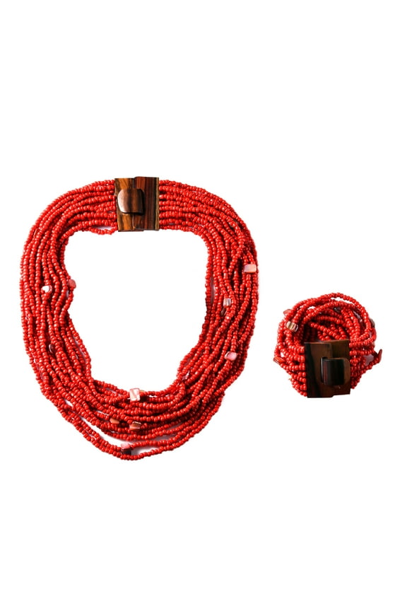 Handmade Seed Bead Necklace Bracelet Set - Red Boho Jewelry Women - Layered Multi StrBeaded Statement Necklaces Bracelets Wooden Clasp - Necklace 18" - Bracelet 6.5" - 7.5" Christmas Gifts