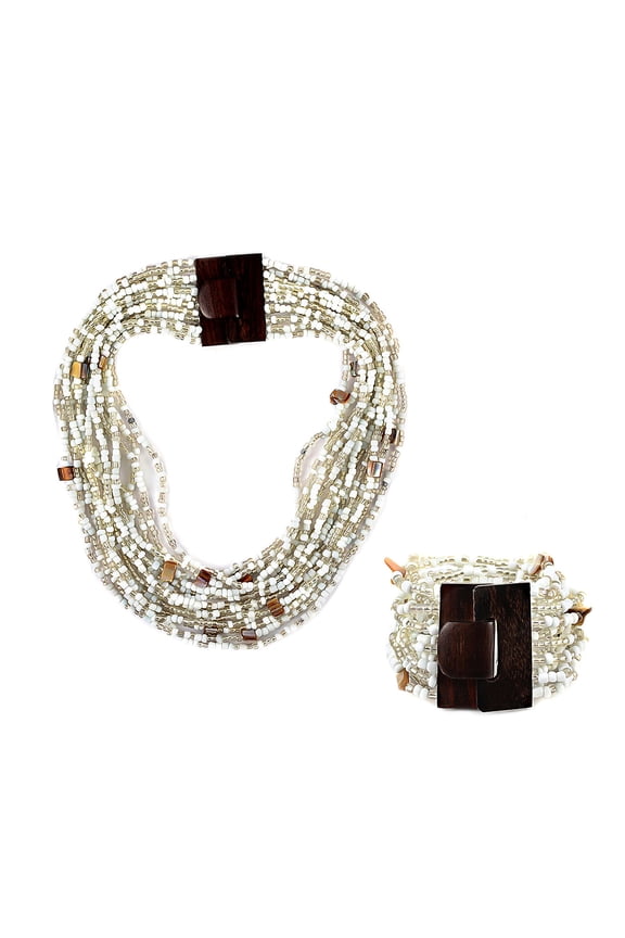 Handmade Seed Bead Necklace Bracelet Set - White Boho Jewelry - Layered Multi Strand Beaded Statement Necklaces Bracelets Wooden Clasp - Necklace 18" - Bracelet  6.5" - 7.5" Christmas Gifts