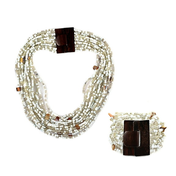 Handmade Seed Bead Necklace Bracelet Set - White Boho Jewelry - Layered Multi Strand Beaded Statement Necklaces Bracelets Wooden Clasp - Necklace 18" - Bracelet 6.5" - 7.5" Christmas Gifts
