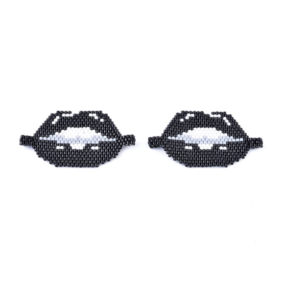 Handmade Seed Beads Links Connectors with Elastic Thread Loom Pattern Lip Black 26~27x50~51x1.5~3mm Hole: 3mm