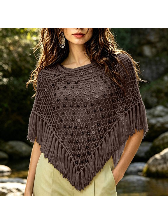 Handmade Sequin Tassel Scarf Shawl Cloak, Fashion Weave Wrap for Holiday Gift