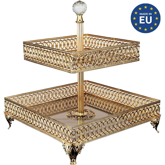 Handmade Serving Platter, Square Perfume Holder Tray, Fancy Two-Tier Mirror Candy Stands, Metal Tabletop Decorations for Gift