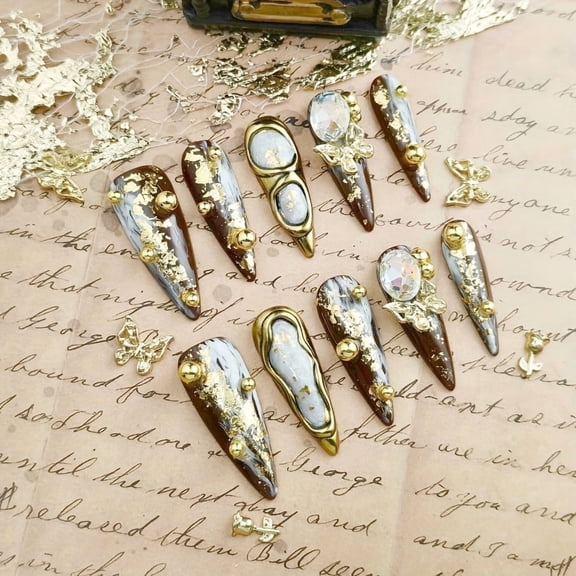 Handmade Shiny Gold Press On Nails - Original Design Luxury 3D Glitter Gold Leaf & Gemstone Long Stiletto False Nails, Reusable Artistic Nail Set for Women (10 Pcs)