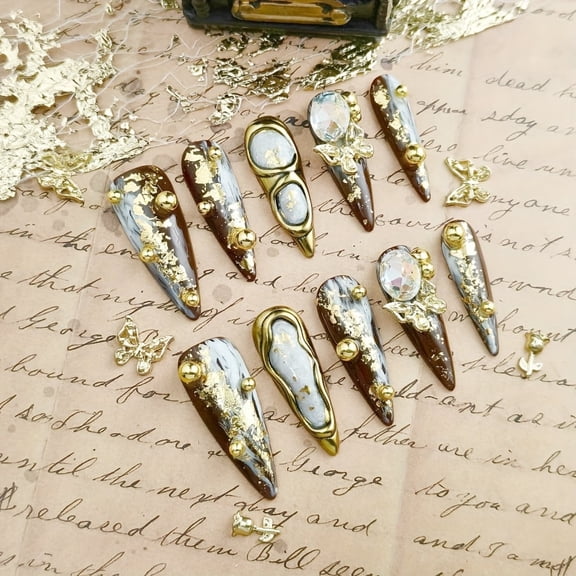 Handmade Shiny Gold Press On Nails - Original Design Luxury 3D Glitter Gold Leaf & Gemstone Long Stiletto False Nails, Reusable Artistic Nail Set for Women (10 Pcs)