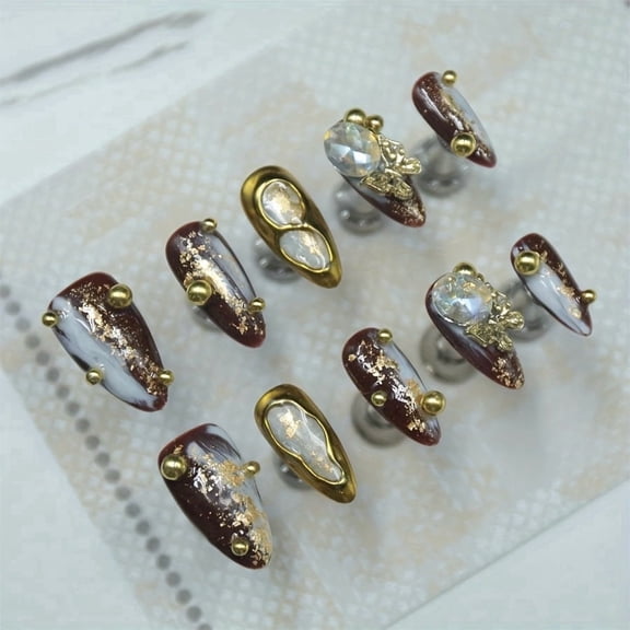 Handmade Shiny Gold Press on Nails - Original Design Luxury 3D Glitter Gold Leaf & Gemstone Long Stiletto False Nails, Reusable Artistic Nail Set for Women (10 Pcs)