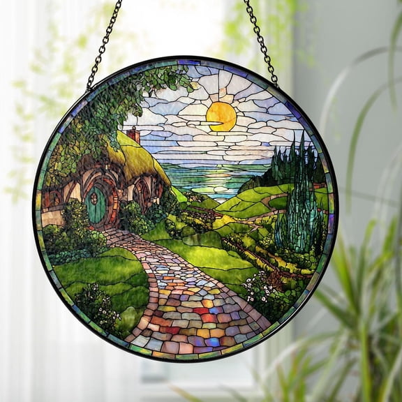 Handmade Shire Fantasy House Glass Suncatcher v2, Hobbit Inspired Window Art, Home Decor, 6.3 in