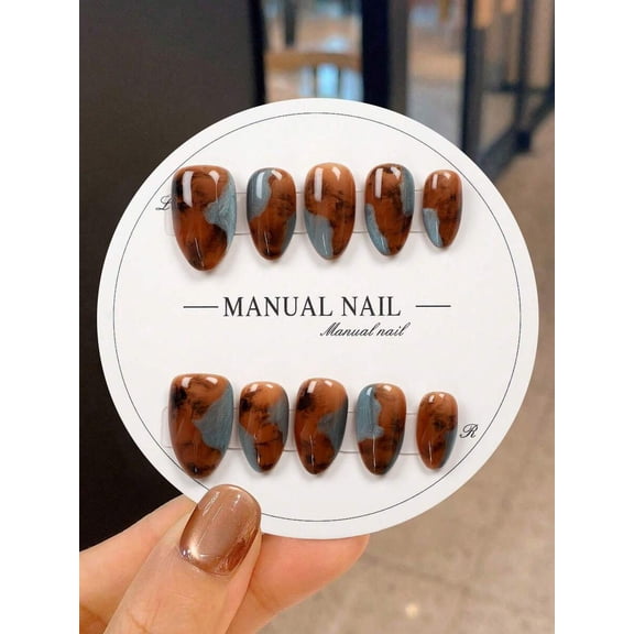 Handmade Short Almond Press-On Nail Tips L Caramel Brown Grey Blue Marble
