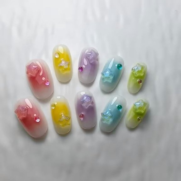 Handmade Short Oval Press on Nails 5 Colors Star Bubble Beads Reusable